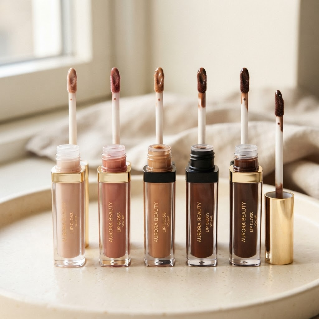 A row of lip gloss bottles with doe-foot applicators showing glossy nude and caramel lip product